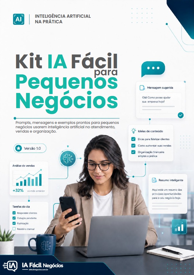 Mockup do Kit IA Fácil com e-book, planilha e prompts
